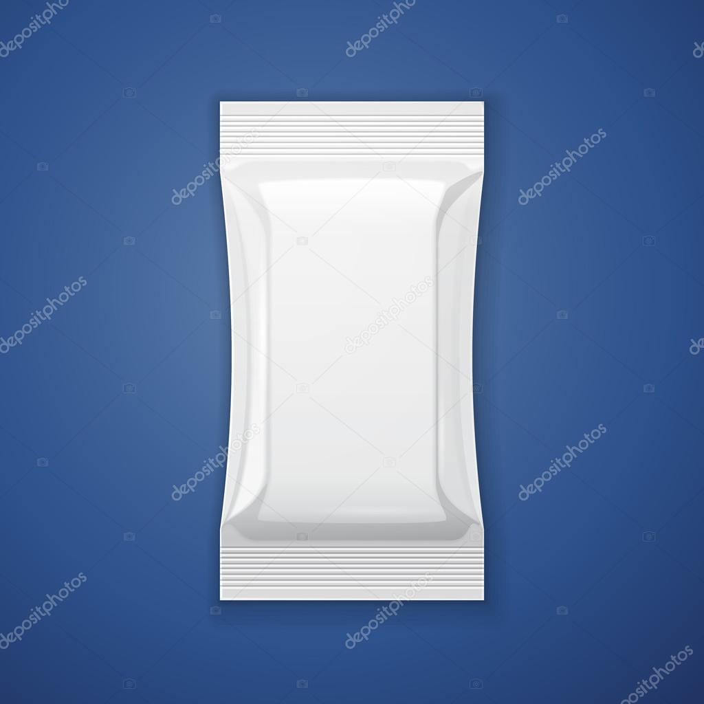 White Blank Foil Packaging Coffee, Salt, Sugar, Pepper, Spices, Sachet, Sweets Or Candy Plastic Pack Ready For Your Design. Snack Product Packing Vector EPS10