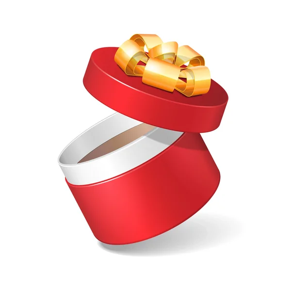 Caixa de presente redonda vermelha meio aberta com arco de fita dourada, isolada no fundo branco. Vetor EPS10 — Vetor de Stock