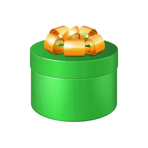 円形のギフト ボックス ゴールデン リボン弓と緑。eps10 をベクトルします。 — ストックベクタ