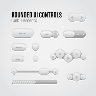 Rounded Light UI Controls Web Elements: Buttons, Switchers, On, Off, Player, Audio, Video: Play, Stop, Next, Pause, Volume, Equalizer, Slider, Loader, Progress Bar, Bulb clipart