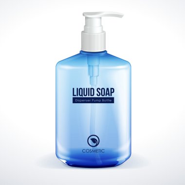Dispenser Pump Cosmetic Or Hygiene Blue Glass Bottle Of Gel, Liquid Soap, Lotion, Cream, Shampoo. Vector EPS10
