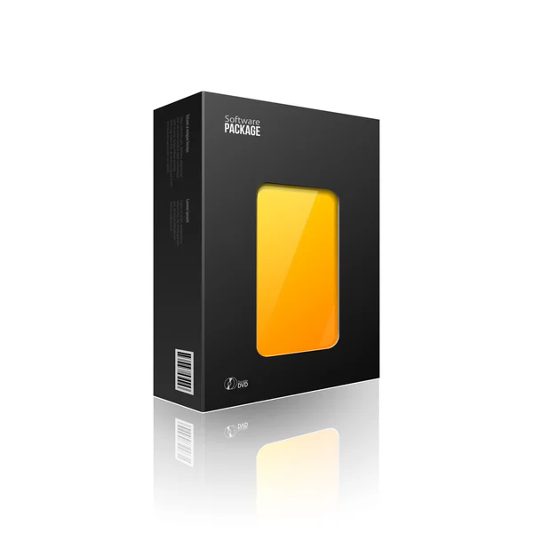 Dvd または cd ディスク eps10 のウィンドウのオレンジ、黄色黒のモダンなソフトウェア パッケージ ボックス — ストックベクタ