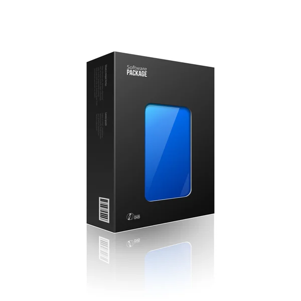 Schwarzer, moderner Softwarepaketkasten mit blauem Fenster für DVD oder CD-Disk eps10 — Stockvektor
