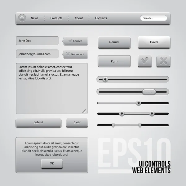 Controles de interfaz de usuario gris claro Elementos web: Botones, Comentarios, Deslizadores, Caja de mensajes — Vector de stock