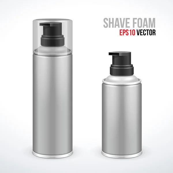 Two Gray Shave Foam Aerosol Spray Metal 3D Bottle Can. Ready For Your Design. Product Packing Vector EPS10 — Stock Vector