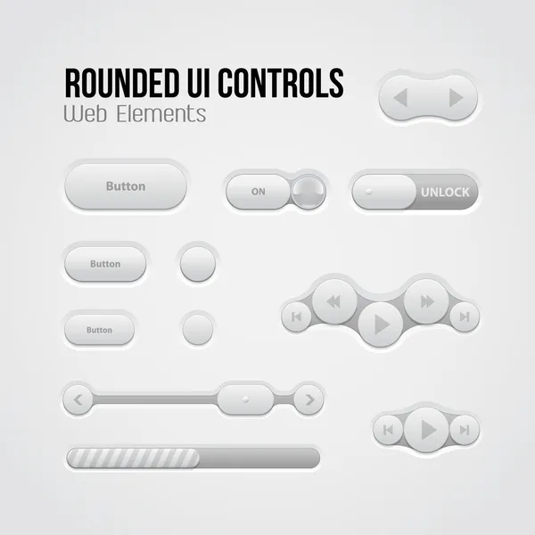 Controles de UI de luz arredondada Elementos Web: Botões, Comutadores, Ligado, Desligado, Jogador, Áudio, Vídeo: Jogar, Parar, Próximo, Pausa, Volume, Equalizador, Controle deslizante, Carregador, Barra de progresso, Lâmpada — Vetor de Stock