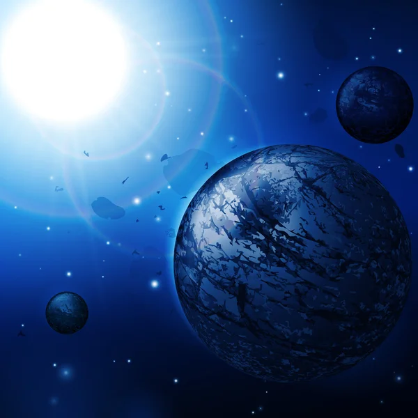 Abstrakte Deep Space Science Hintergrund: Planeten, Sterne, Lichter, Sonne, Sonnenaufgang, Satellit, Alien-Vektor eps10 — Stockvektor