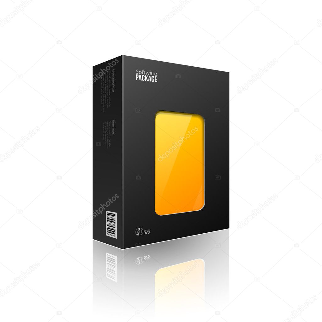 Black Modern Software Package Box With Orange,Yellow Window For DVD Or CD Disk EPS10
