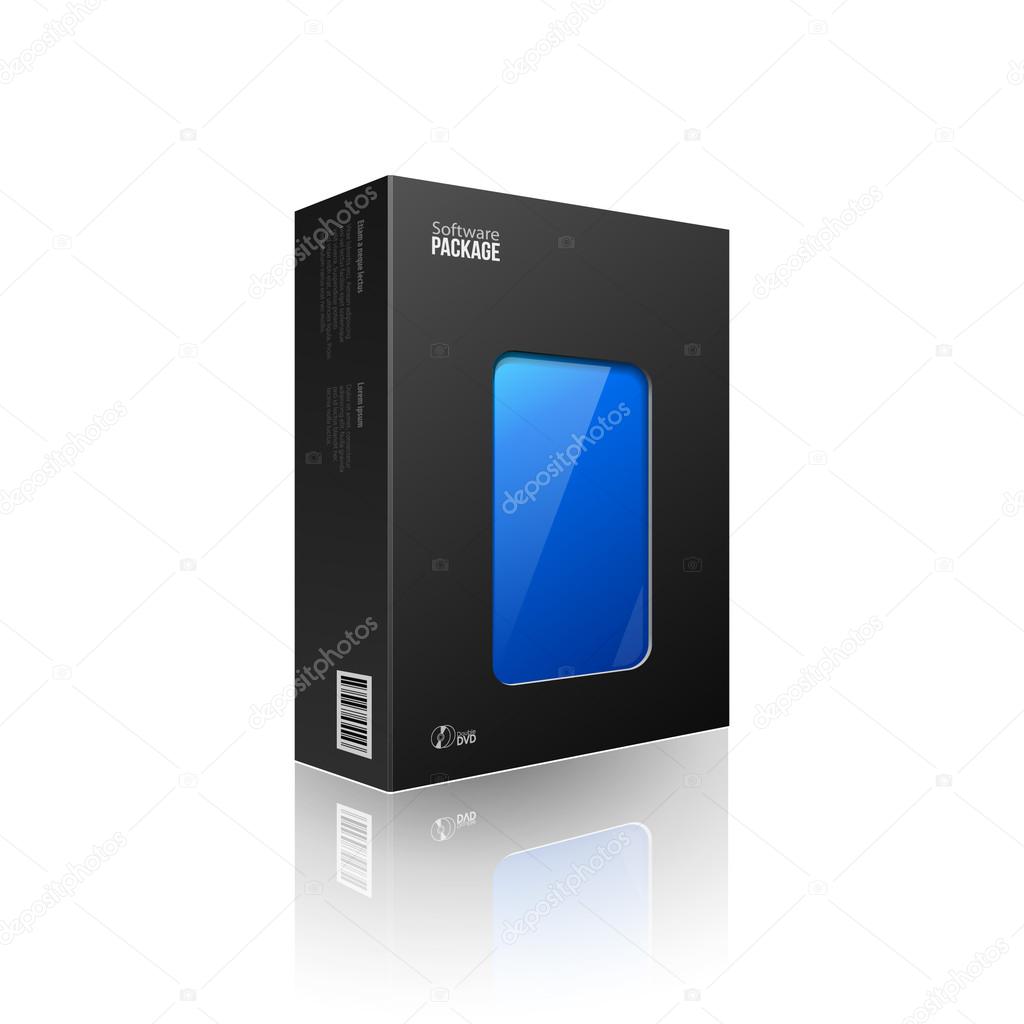 Black Modern Software Package Box With Blue Window For DVD Or CD Disk EPS10