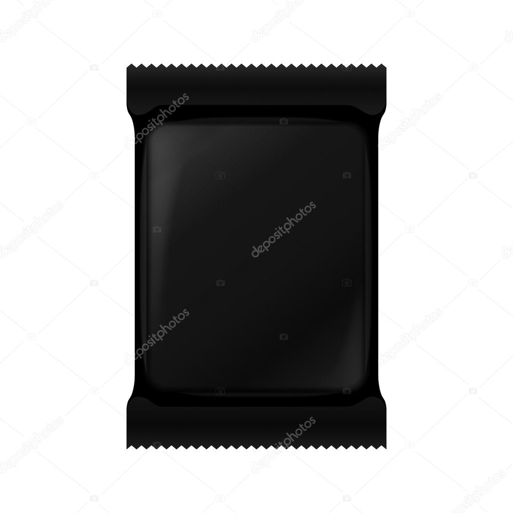 Black Blank Foil Packaging Of Coffee, Salt, Sugar, Pepper, Spices, Sachet, Sweets Or Candy Plastic Pack. Ready For Your Design. Snack Product Packing Vector EPS10