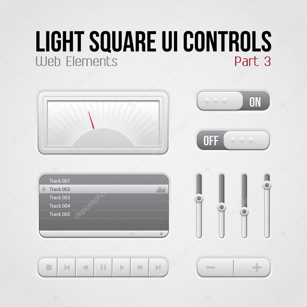 Light Square UI Controls Web Elements Part 3: Buttons, Switchers, On, Off, Player, Play List, Slider, Audio, Video: Play, Stop, Next, Pause, Volume, Equalizer, Speed Indicator, Speedometer