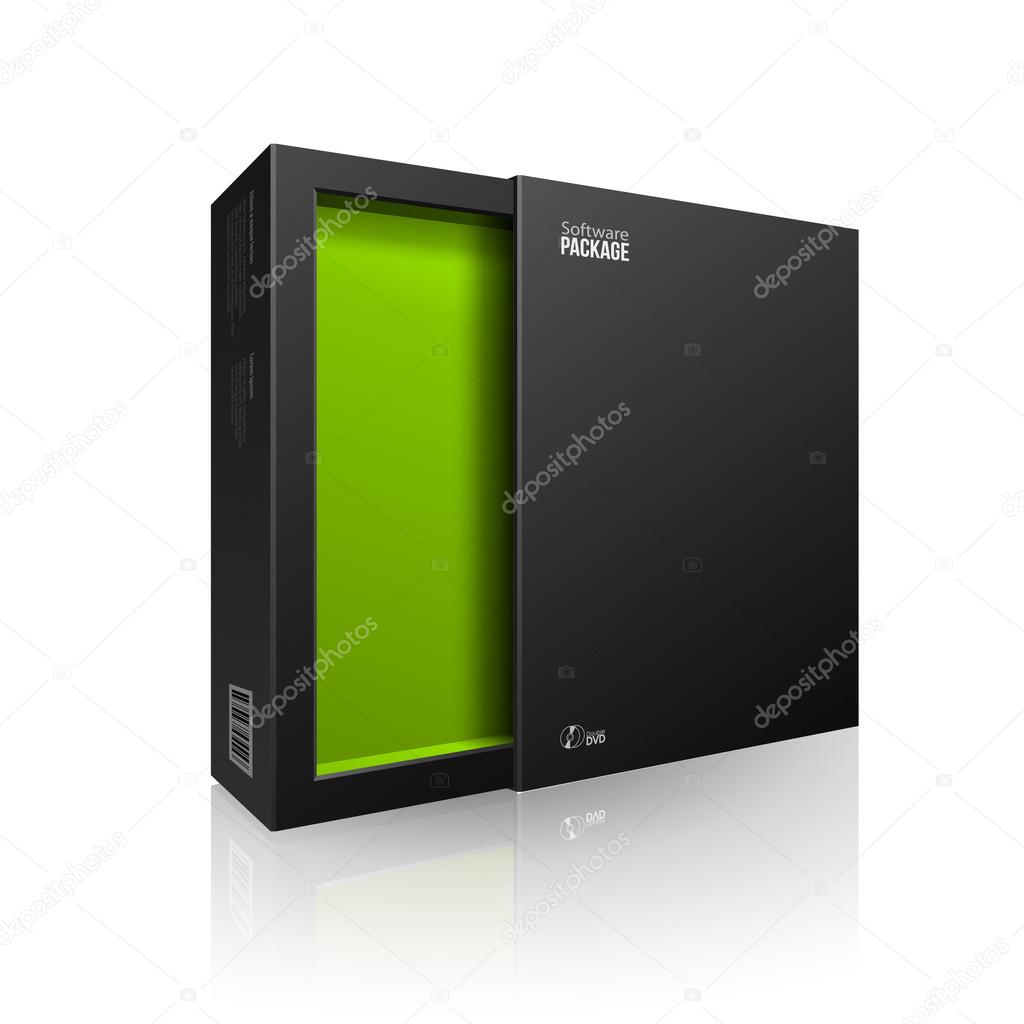 Opened Black Modern Software Package Box Green Inside For DVD, CD Disk Or Other Your Product EPS10