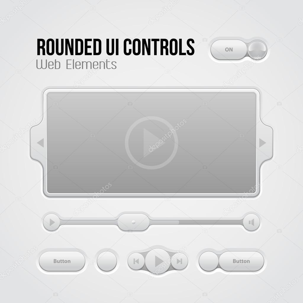 Rounded Light UI Controls Web Elements 2: Buttons, Switchers, On, Off, Player, Audio, Video: Play, Stop, Next, Pause, Volume, Slider, Progress Bar, Bulb