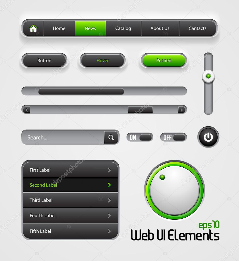 Web UI Elements Design Gray Green: Navigation Bar, Menu, Slider, Scroller, Equalizer, Volume, Button, Power, On, Off, Search, Website Elements