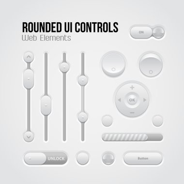 Rounded Light UI Controls Web Elements: Buttons, Switchers, On, Off, Player, Audio, Video: Player, Volume, Equalizer, Slider, Loader, Progress Bar, Bulb, Unlock clipart