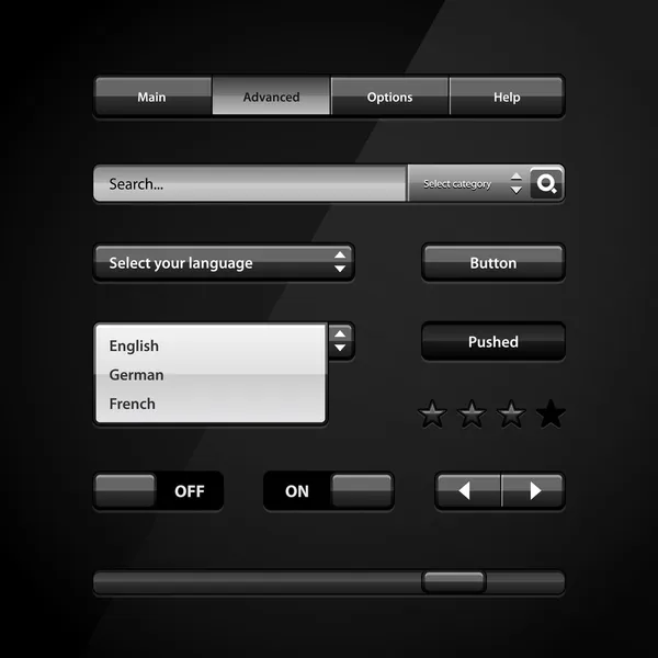 Controles de interface de usuário escuros limpos 2. Elementos Web. Website, Software UI: Botões, Switchers, Controle deslizante, Setas, drop-down, Barra de navegação, Menu, Scroller, Pesquisa de entrada — Vetor de Stock