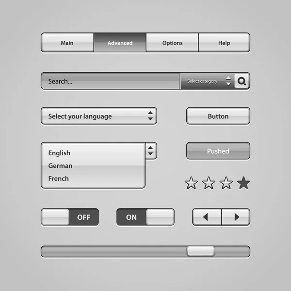 Controles de interface de usuário de luz limpa 2. Elementos Web. Website, Software UI: Botões, Switchers, Controle deslizante, Setas, drop-down, Barra de navegação, Menu, Scroller, Pesquisa de entrada — Vetor de Stock