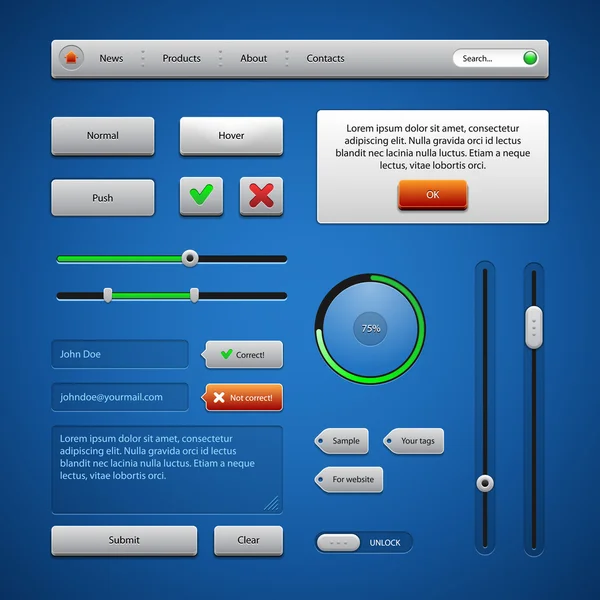 Controles de interfaz de usuario de colores Elementos Web, Azul, Gris, Rojo, Verde 2: Barra de navegación, Botones, Comentarios, Deslizadores, Caja de mensajes, Precargador, Cargador, Etiquetas de etiqueta, Desbloquear — Vector de stock
