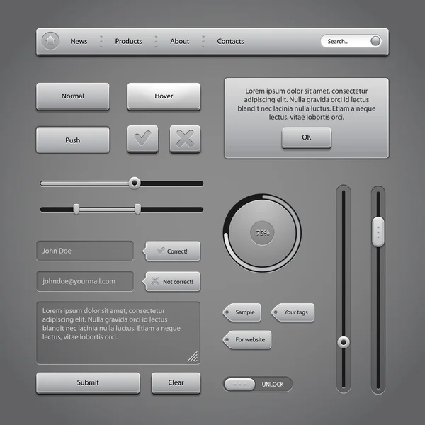 Grau ui steuert Web-Elemente 2: Buttons, Kommentare, Schieberegler, Nachrichtenbox, Preloader, Loader, Tag-Labels, Entriegelung — Stockvektor