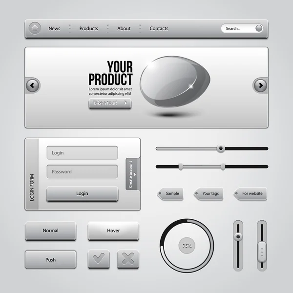 Licht grijze ui besturingselementen webelementen 3: knoppen, login formulier, vergunning, schuifregelaars, banner, vak, preloader, lader, Label labels — Stockvector