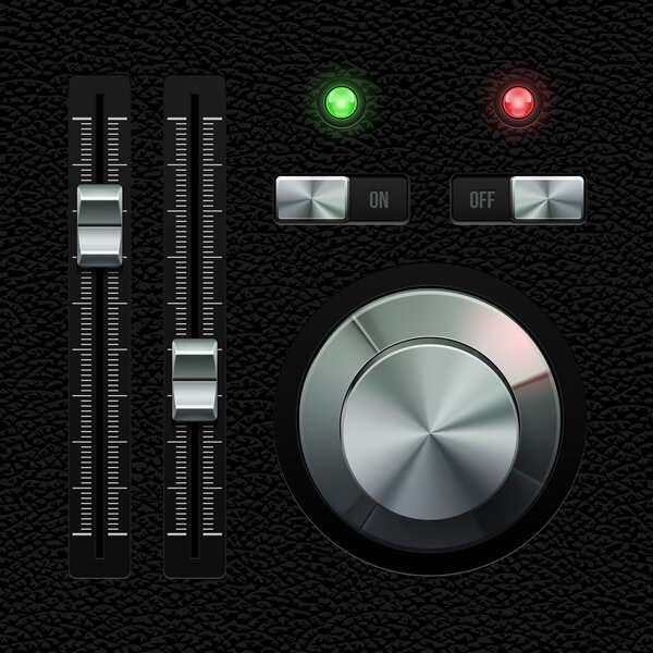 Hi-End UI Analog Volume Equalizer Level Mixer, Volume Knob Chrome On Leather Background. Metal Switch Button, Lamp, Bulb. Web Design Elements. Software Controls. Vector User Interface EPS10