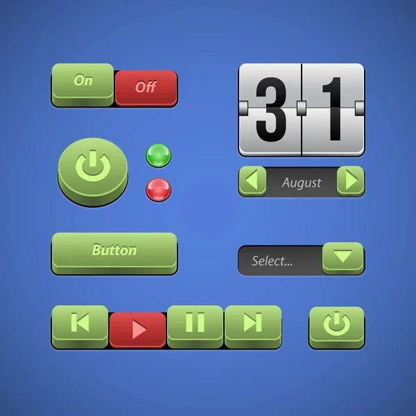 Aan de orde gesteld knoppen groene en rode ui besturingselementen webelementen: knoppen, switchers, op, off, speler, audio, video: play, stop, volgende, pauze, pijlen, kalender, datum — Stockvector