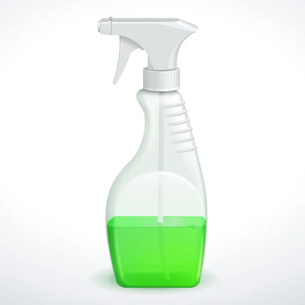 Spray pistola limpiador plástico botella blanca con líquido verde transparente. Vector EPS10 — Vector de stock