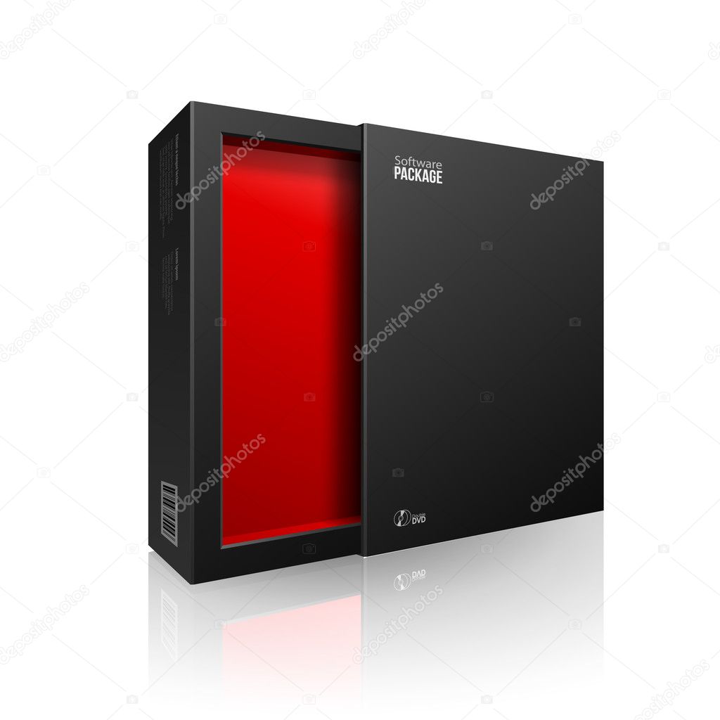 Opened Black Modern Software Package Box Red Inside For DVD, CD Disk Or Other Your Product EPS10