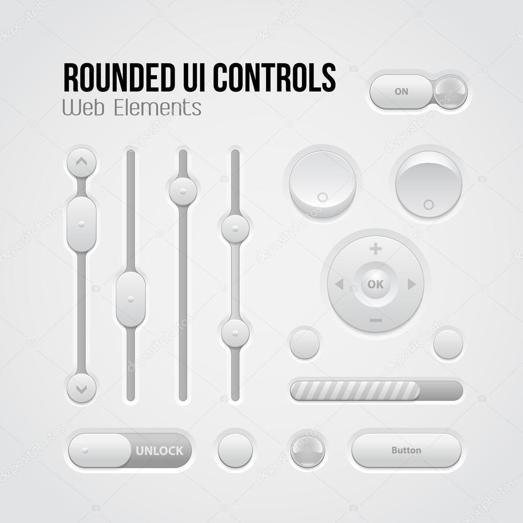 Rounded Light UI Controls Web Elements: Buttons, Switchers, On, Off, Player, Audio, Video: Player, Volume, Equalizer, Slider, Loader, Progress Bar, Bulb, Unlock