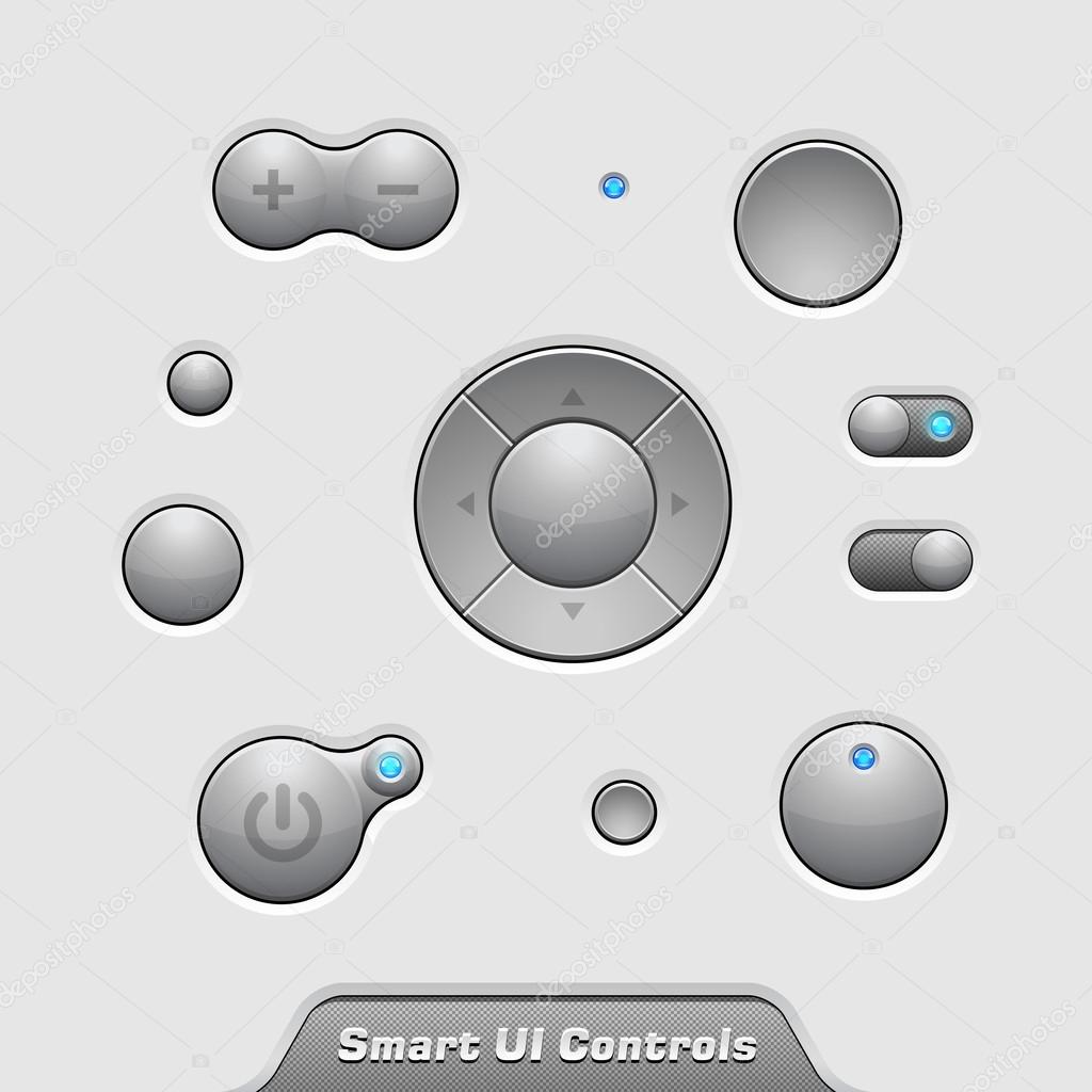 Smart UI Controls Web Elements: Buttons, Switchers, On, Off, Player, Audio, Video: Player, Volume, Equalizer, Bulb
