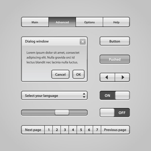 Clean Light Interface 3. Веб Элементы. Мбаппе, Бензема: Бензема, Свитчер, Слайдер, Стрелки, Выброс, Бар, Меню, Скромски, Озил, Страница

