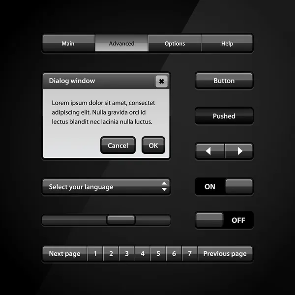 Controles de interfaz de usuario Clean Dark 3. Elementos Web. Sitio web, interfaz de usuario del software: Botones, Conmutadores, Control deslizante, Flechas, desplegable, Barra de navegación, Menú, Desplazador, Ventana de diálogo, Paginación — Vector de stock