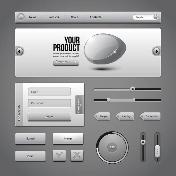 Gray UI Controls Web Elements 3: Pulsanti, Login Form, Autorizzazione, Slider, Banner, Box, Preloader, Loader, Tag Labels — Vettoriale Stock