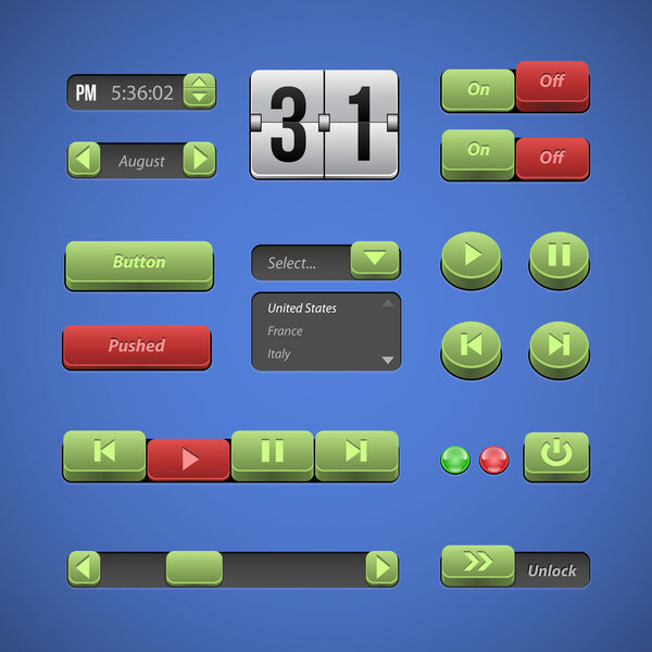 Raised Buttons Green And Red UI Controls Web Elements: Buttons, Switchers, On, Off, Drop Down List, Arrows, Calendar, Date, Time, Clock, Power, Scroller, Player, Audio, Video: Play, Stop, Next, Pause