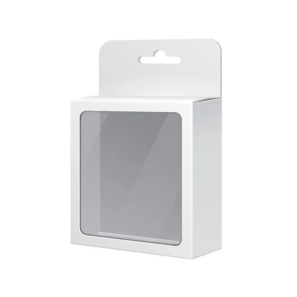 Boîte d'emballage de produit blanc avec fenêtre rectangulaire. Illustration isolée sur fond blanc. Prêt pour votre design. Vecteur EPS10 — Image vectorielle