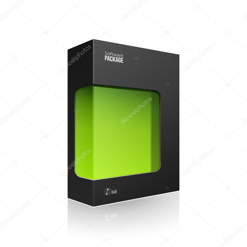 Black Modern Software Product Package Box With Green Window For DVD Or CD Disk EPS10