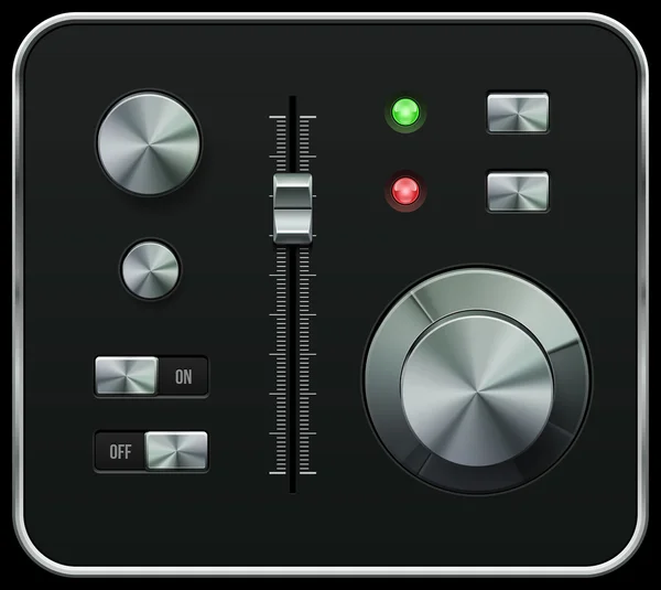 Hi-end ui analoga volym equalizer, nivå mixer, volym knopp chrome. metall / av-knappen, lampa, lampa. Web designelement. programvara kontroller. vektor user interface eps10 — Stock vektor