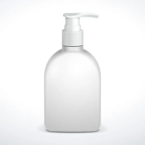 Botella blanca limpia de plástico con bomba dispensadora amarilla. Gel