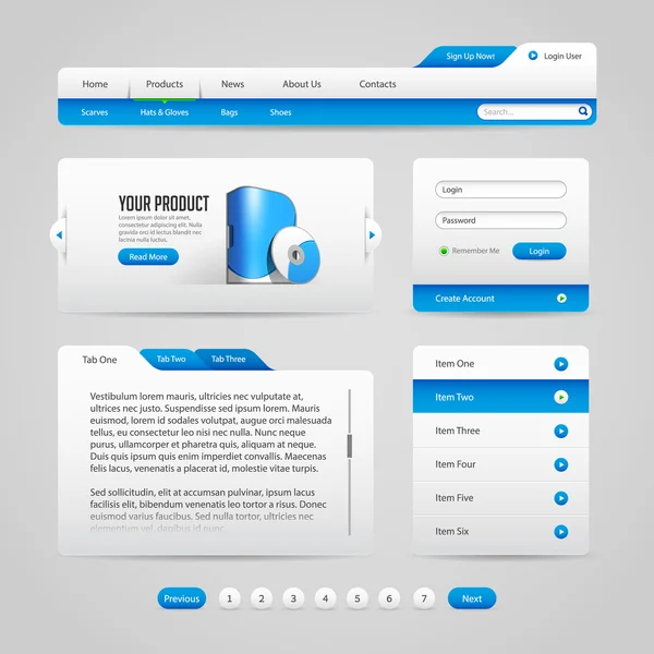 Web ui besturingselementen elementen grijs en blauw: navigatiebalk, knoppen, schuifregelaar, berichtvenster, lader, paginering, menu, accordeon, tabbladen, login formulier, zoeken — Stockvector