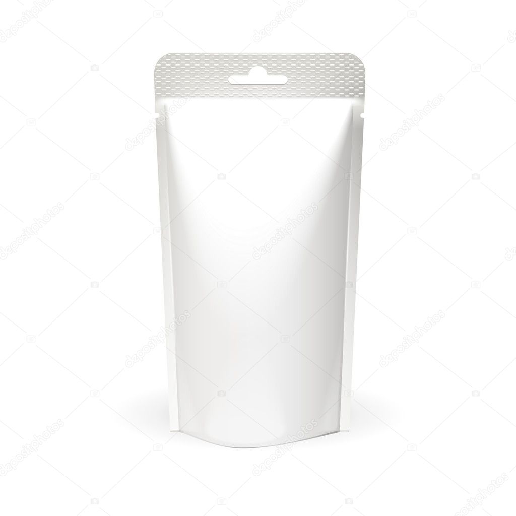 White Blank Foil Food Or Drink Bag Packaging With Hang Slot. Plastic Pack Template Ready For Your Design. Vector EPS10
