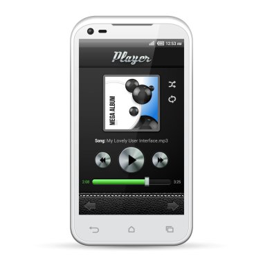 UI mobil uygulama metal kümesini denetler. 480 x 800 beyaz smartphone. ses, video, oyuncu, düğme, ilerleme çubuğu, rastgele, tekrar ediyorum, simgeler. Web tasarım öğeleri. yazılım. vektör kullanıcı arabirimi eps10