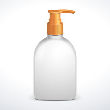 temiz beyaz plastik şişe sarı makinesi pompası ile. duş jeli, sıvı sabun, losyon, krem, şampuan, banyo köpüğü. tasarımınız için hazır. illüstrasyon izole beyaz zemin üzerine. vektör eps10