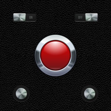 Deri arka plan üzerinde Hi-end UI analog kırmızı düğmeye krom. düğme, anahtarlayıcıları, metal, kapalı. Web tasarım öğeleri. yazılım kontrol eder. vektör kullanıcı arabirimi eps10
