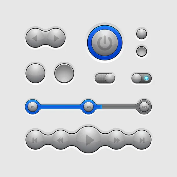 Smart UI Controls Web Elements 2: Buttons, Switchers, On, Off, Player, Audio, Video: Player, Volume, Equalizer, Bulb, Preloader, Loader, Power Button, Play, Stop — Stock Vector