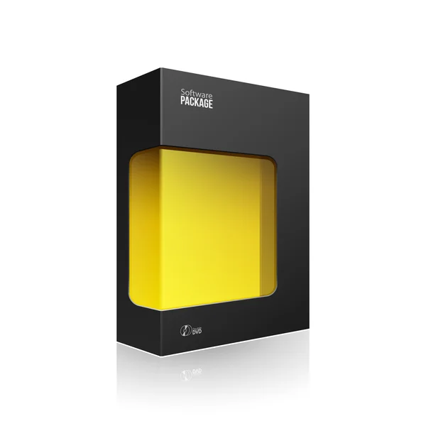 Boîte de paquet moderne noire de produit de logiciel avec la fenêtre jaune pour le DVD ou le disque de CD EPS10 — Image vectorielle