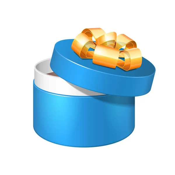 Boîte-cadeau ronde bleue ouverte avec ruban d'or. Vecteur EPS10 — Image vectorielle