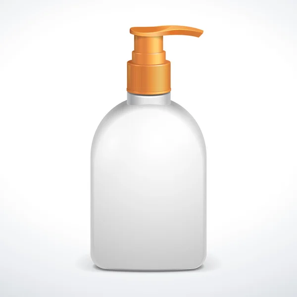 Plastic Clean White Bottle With Yellow Dispenser Pump. Shower Gel, Liquid Soap, Lotion, Cream, Shampoo, Bath Foam. Ready For Your Design. Illustration Isolated On White Background. Vector EPS10 — Stock Vector