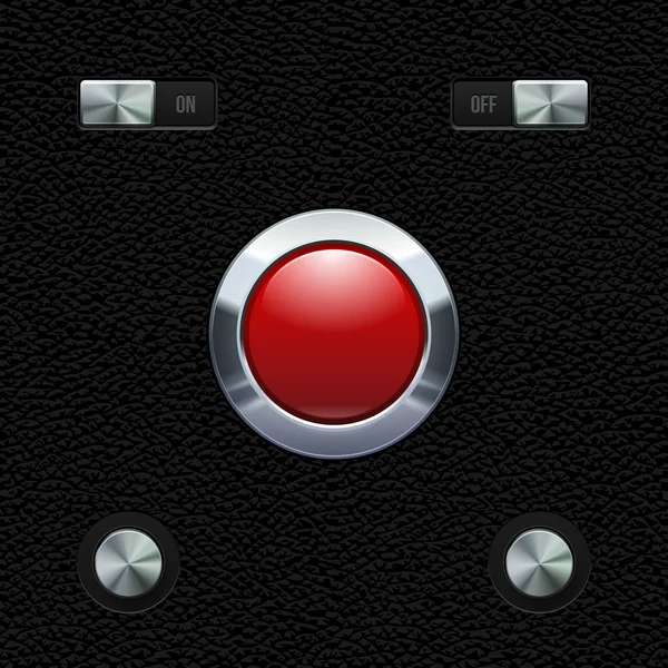 Hi-End UI Analog Red Button Chrome sur fond en cuir. Bouton métal, interrupteurs, on, off. Éléments de conception Web. Contrôles logiciels. Interface utilisateur vectorielle EPS10 — Image vectorielle