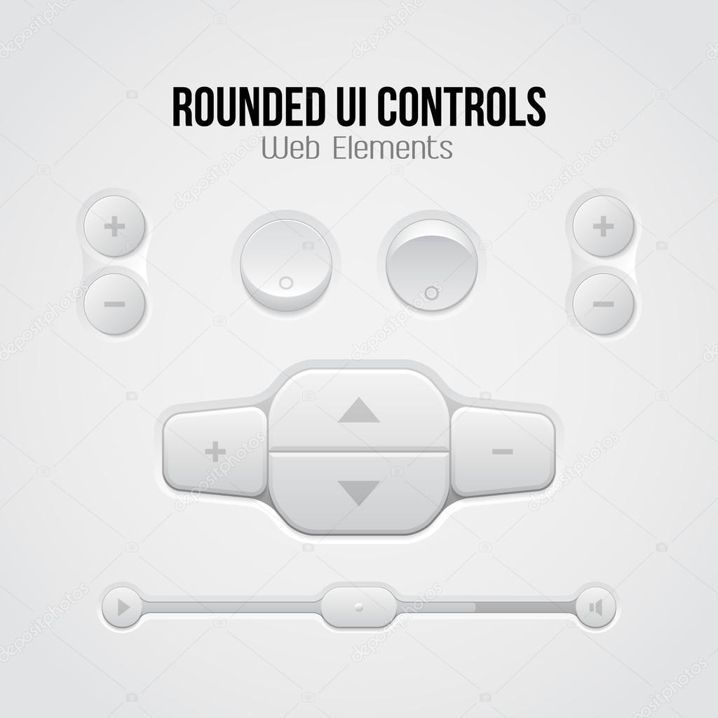 Rounded Light UI Controls Web Elements: Buttons, Switchers, On, Off, Player, Audio, Video: Player, Volume, Equalizer, Slider, Loader, Progress Bar, Navigation