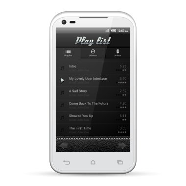 UI mobil uygulama metal kümesini denetler. 480 x 800 beyaz smartphone. ses, video, oyuncu, düğme, çalma listesi, albümleri, sanatçılar, sekmeler, simgeler. Web tasarım öğeleri. yazılım. vektör kullanıcı arabirimi eps10